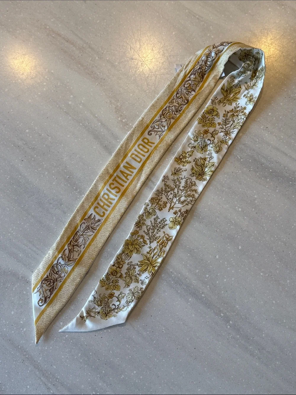 Authentic Dior Gold & White Logo Floral Silk Mitzah Scarf